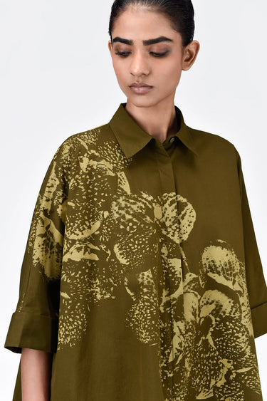 Oversized Shirt with Orchid Print - Khaki - Genes Lecoanet Hemant
