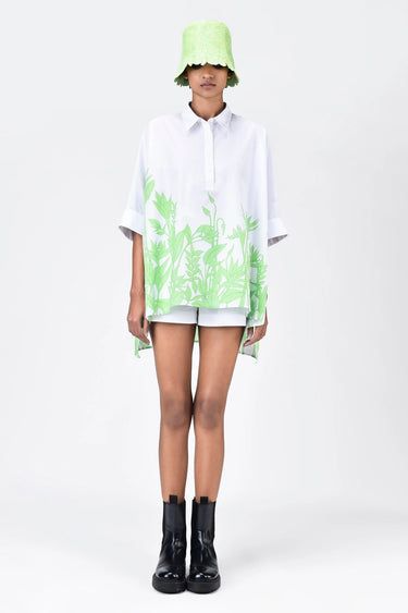 Oversized Shirt with Tropical Print and High-Low Hem White & Green - Genes Lecoanet Hemant