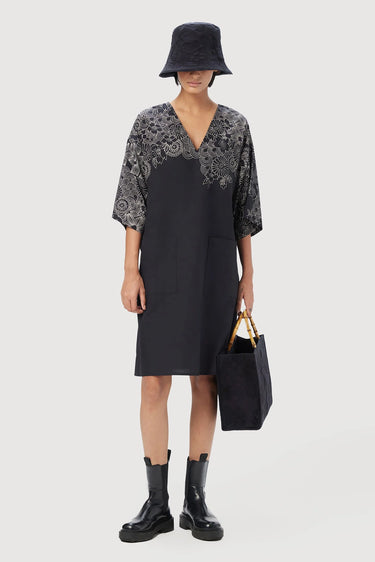 Oversized V-Neck Dress with Kimono Sleeves Black - Genes Lecoanet Hemant