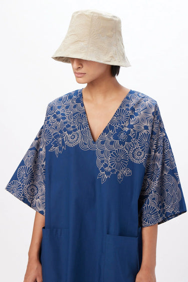 Oversized V-Neck Dress with Kimono Sleeves Blue - Genes Lecoanet Hemant