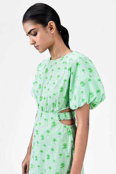 Palm Stripe A-Line Dress with Raglan Sleeves - Genes Lecoanet Hemant