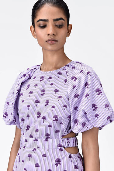 Palm Stripe A-Line Dress with Raglan Sleeves-Amethyst - Genes Lecoanet Hemant