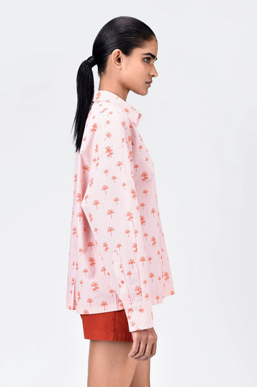 Palm Stripe Cotton Poplin Easy Fit Shirt- Coral Orange - Genes Lecoanet Hemant