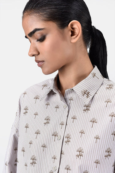 Palm Stripe Cotton Poplin Easy Fit Shirt-Sand - Genes Lecoanet Hemant