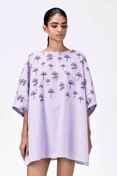 Palm Stripe Cotton Poplin Oversized Top with Boat Neck Amethyst - Genes Lecoanet Hemant