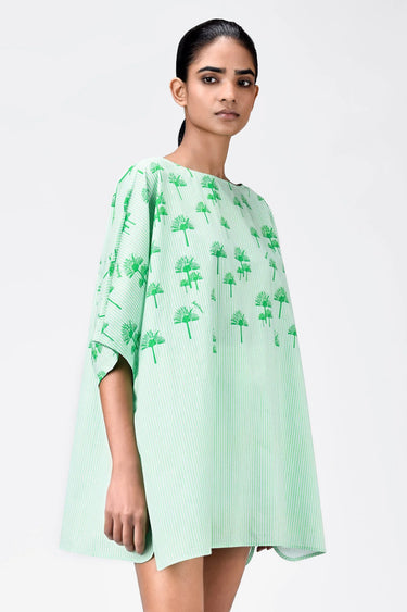 Palm Stripe Cotton Poplin Oversized Top with Boat Neck Spring Green - Genes Lecoanet Hemant