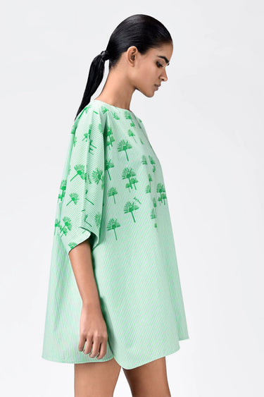 Palm Stripe Cotton Poplin Oversized Top with Boat Neck Spring Green - Genes Lecoanet Hemant