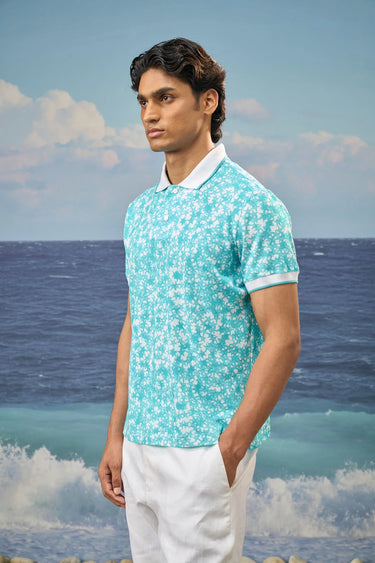 Persian Green Premium Cotton Pique Printed Polo T-Shirt