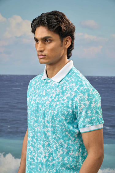 Persian Green Premium Cotton Pique Printed Polo T-Shirt