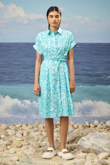 Persian Green Relaxed Dress in Premium Cotton Poplin with Floral Print