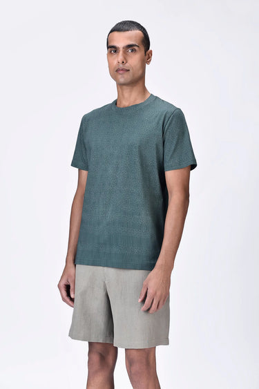 Pine Green Cotton Jersey Regular Fit T-Shirt with Cell Chain Print