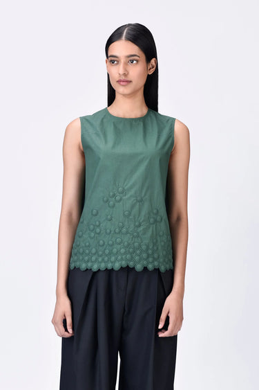 Pine Green Sleeveless Top with Heritage Ravioli Embroidery - Genes Lecoanet Hemant