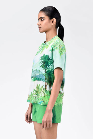 Pixelated Landscape Print Cotton T-Shirt - Genes Lecoanet Hemant