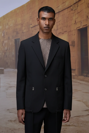 Men black designer jacket with tailored fit in poly viscose fabric, luxury fashion India