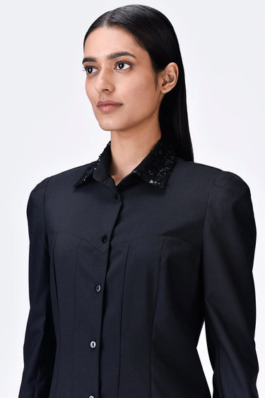 Poly Wool Shirt Dress with Embroidered Tulle
