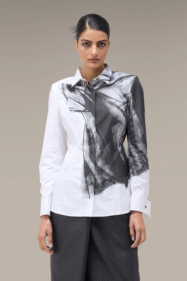 Women's Premium Abstract Ink Print White Shirt - Giza Cotton Poplin