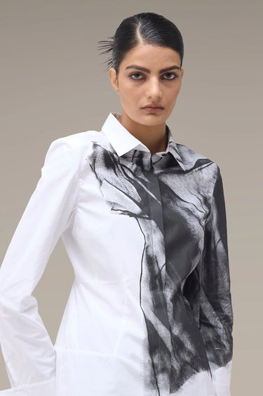 Women's Premium Abstract Ink Print White Shirt - Giza Cotton Poplin