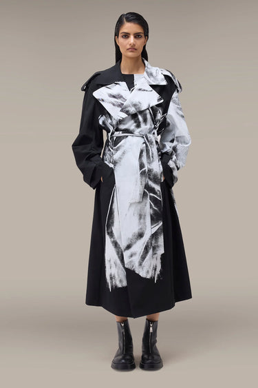 Women's Premium Abstract Print Belted Trench Coat - Tencel Twill - Black