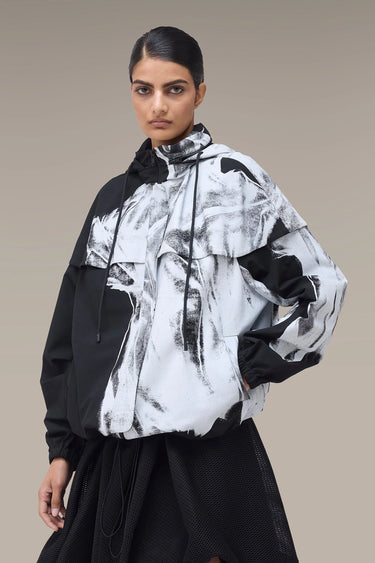 Women's Premium Abstract Print Oversized Hooded Jacket - Tencel Twill - Black