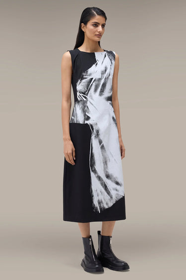 Women's Premium Abstract Print Sleeveless Midi Dress - Tencel Twill - Black