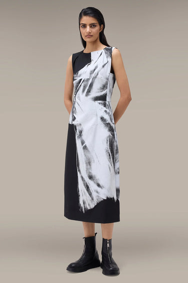 Women's Premium Abstract Print Sleeveless Midi Dress - Tencel Twill - Black