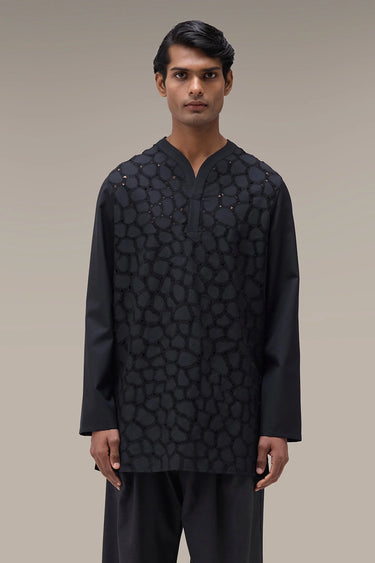 Men's Premium Black Cutwork Embroidered Poly Wool Kurta