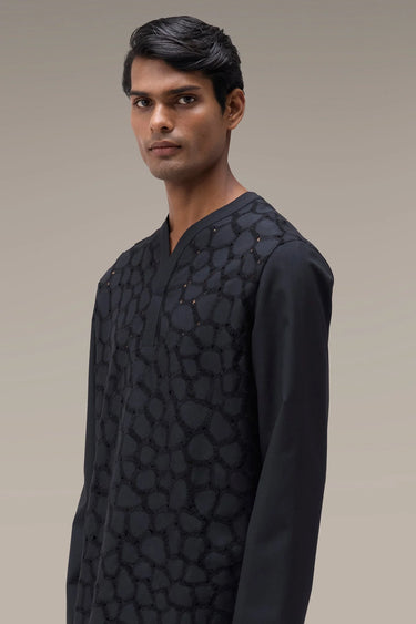 Men's Premium Black Cutwork Embroidered Poly Wool Kurta