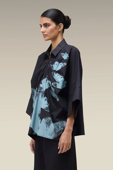 Premium Black Floral Print Cotton Poplin Shirt- Free Size