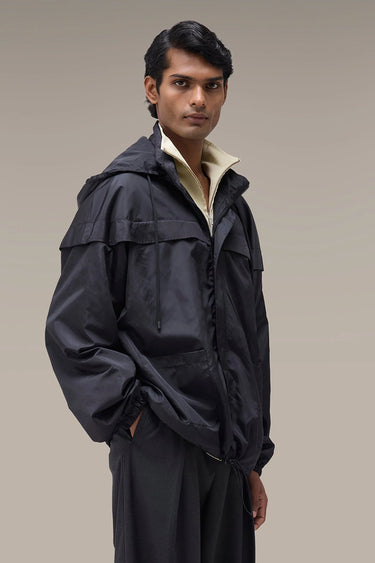 Men's Premium Black Hooded Nylon Windbreaker Jacket