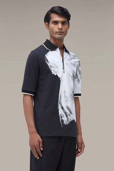 Men's Premium Black Printed Zip Polo