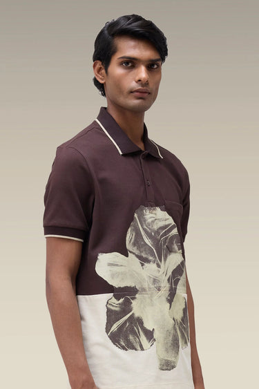 Men's Premium Chocolate Brown Floral Print Cotton Pique Polo