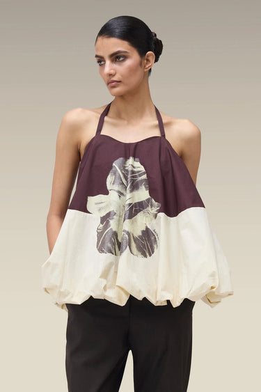 Premium Chocolate Brown Floral Print Cotton Poplin Halter Top