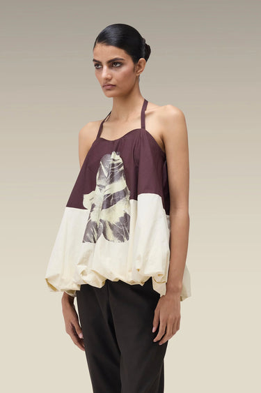 Premium Chocolate Brown Floral Print Cotton Poplin Halter Top