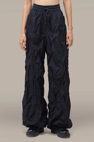 Women's Premium Crushed Texture Wide Leg Trouser - Black Giza Cotton