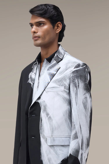 Premium Draped Print Tailored Jacket in Black