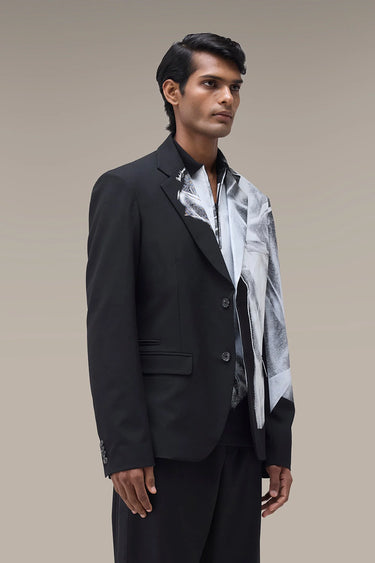 Premium Draped Print Tailored Jacket in Black