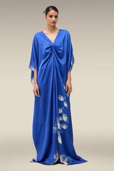 Premium Egyptian Blue Floral Print Satin Kaftan
