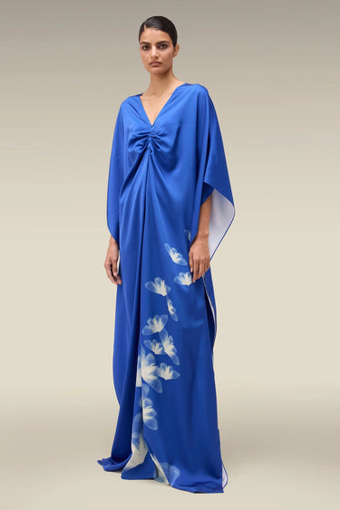 Premium Egyptian Blue Floral Print Satin Kaftan