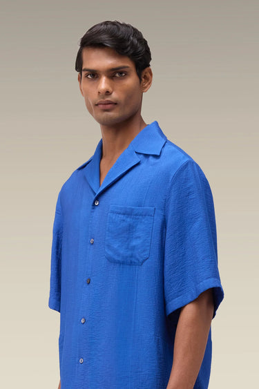 Premium Egyptian Blue Viscose Nylon Camp Collar Shirt