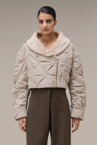 Women's Premium Fur Collar Cropped Quilted Jacket - Fawn Nylon