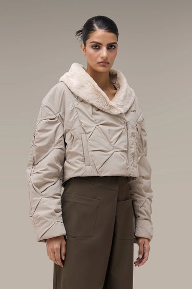 Women's Premium Fur Collar Cropped Quilted Jacket - Fawn Nylon