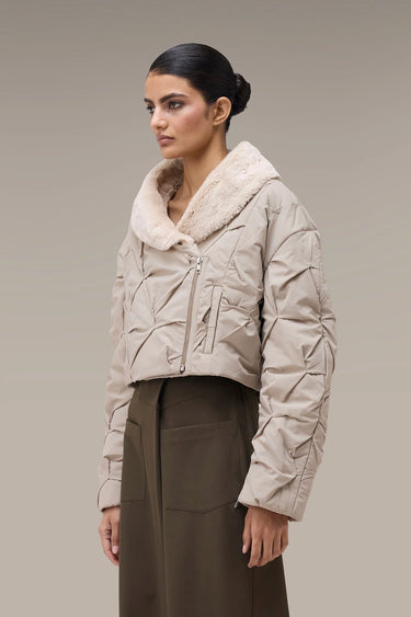Women's Premium Fur Collar Cropped Quilted Jacket - Fawn Nylon