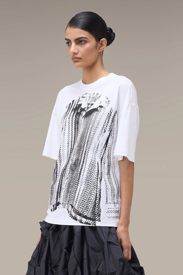 Women's Premium Halftone Print Oversized White T-Shirt - Combed Cotton Jersey