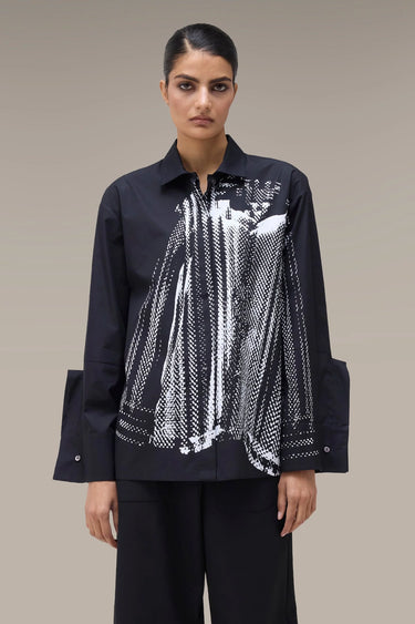 Women's Premium Halftone Print Relaxed Shirt - Black Giza Cotton Poplin