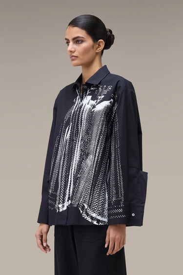 Women's Premium Halftone Print Relaxed Shirt - Black Giza Cotton Poplin