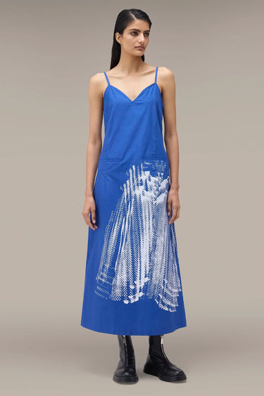 Women's Premium Halftone Print Slip Midi Dress - Egyptian Blue Giza Cotton