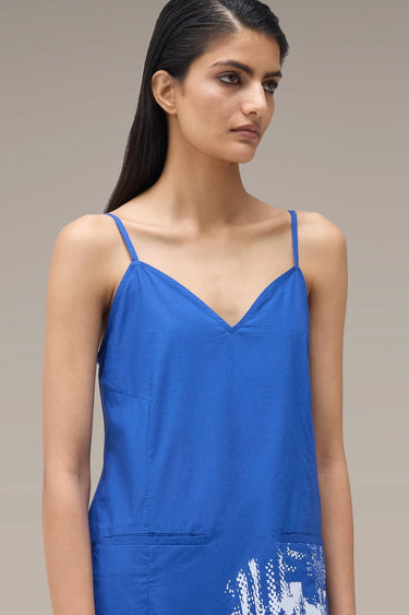 Women's Premium Halftone Print Slip Midi Dress - Egyptian Blue Giza Cotton