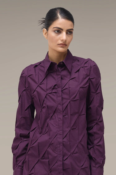 Women's Premium Hand-Pleated Textured Shirt - Deep Purple Giza Cotton Poplin