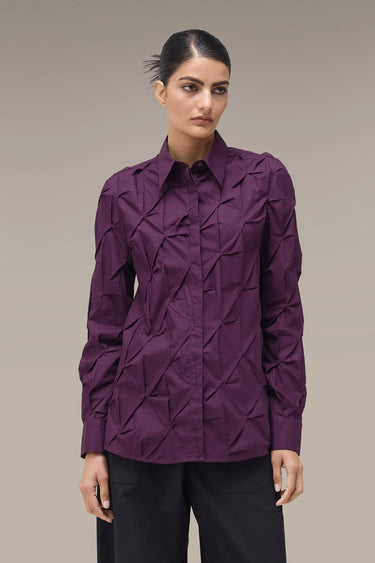 Women's Premium Hand-Pleated Textured Shirt - Deep Purple Giza Cotton Poplin