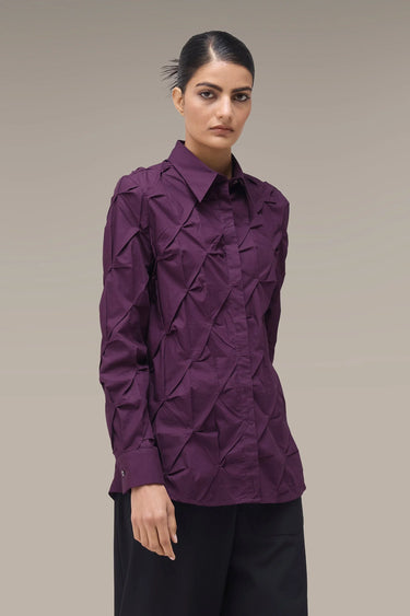 Women's Premium Hand-Pleated Textured Shirt - Deep Purple Giza Cotton Poplin